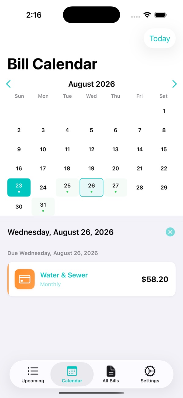 BillRadar calendar view for August with due dates marked