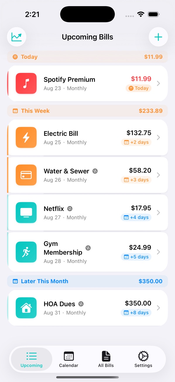 BillRadar upcoming bills, grouped into Today, This Week and Later This Month